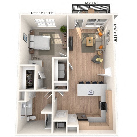 Floor plan for 1 bed, 1 bath, 837 sqft