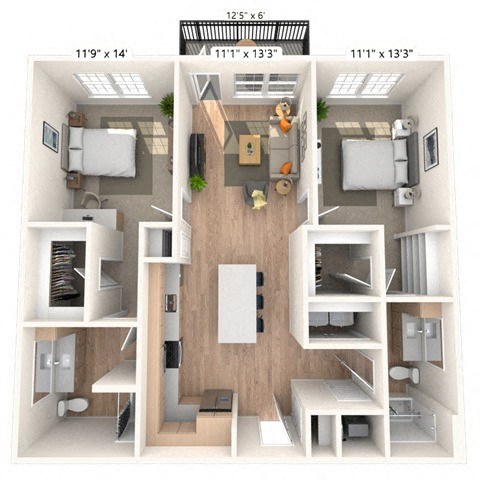 Floor plan for 2 beds, 2 baths, 1113 sqft