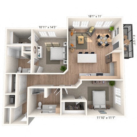 Floor plan for 2 beds, 2 baths, 1142 sqft