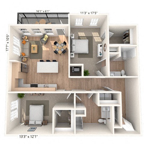 Floor plan for 2 beds, 2 baths, 1258 sqft