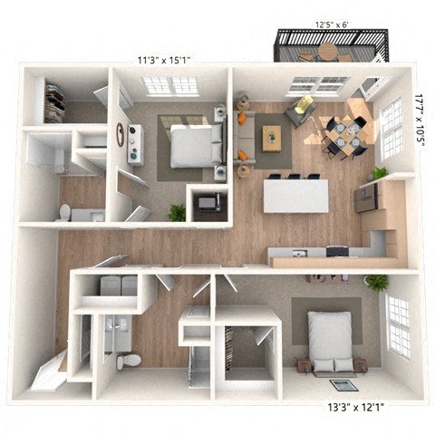 Floor plan for 2 beds, 2 baths, 1223 sqft