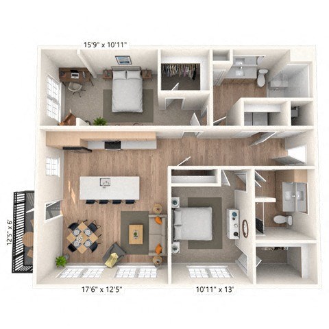 Floor plan for 2 beds, 2 baths, 1207 sqft