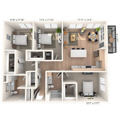 Floor plan for 3 beds, 2 baths, 1320 sqft