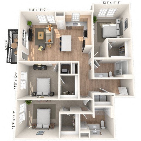 Floor plan for 3 beds, 2 baths, 1458 sqft