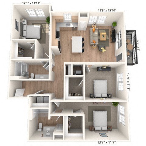 Floor plan for 3 beds, 2 baths, 1395 sqft