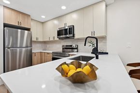 Jersey City apartment for rent - a kitchen with stainless steel appliances and a counter with a bowl of fruit
