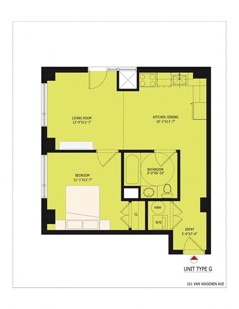 Floor plan for 1 bed, 1 bath, 695 sqft