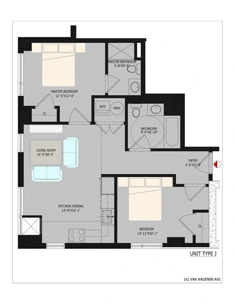 Floor plan for 2 beds, 2 baths, 1051 sqft