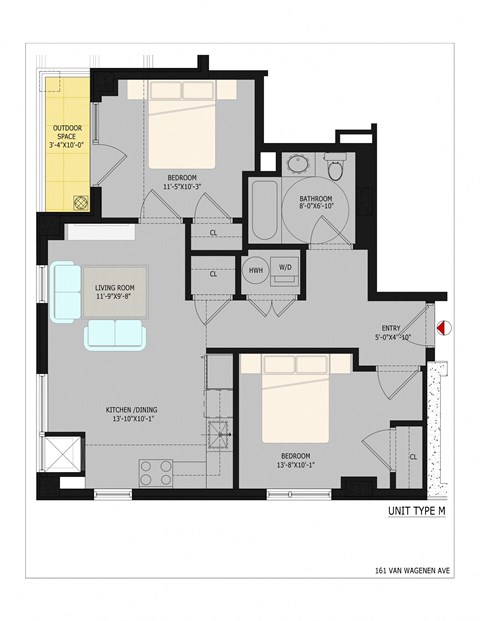 Floor plan for 2 beds, 1 bath, 896 sqft