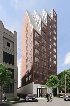 Jersey City apartment for rent - a rendering of a tall brick building on a city street