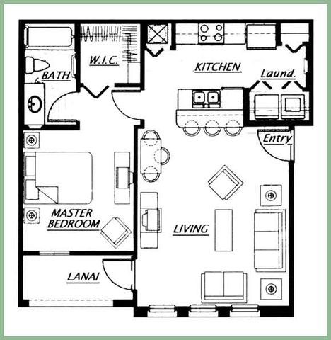 Floor plan for 1 bed, 1 bath, 768 sqft
