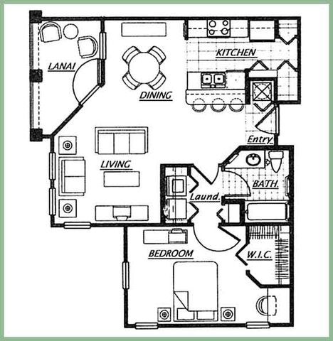 Floor plan for 1 bed, 1 bath, 897 sqft