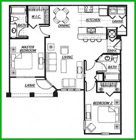 Floor plan for 2 beds, 2 baths, 1152 sqft
