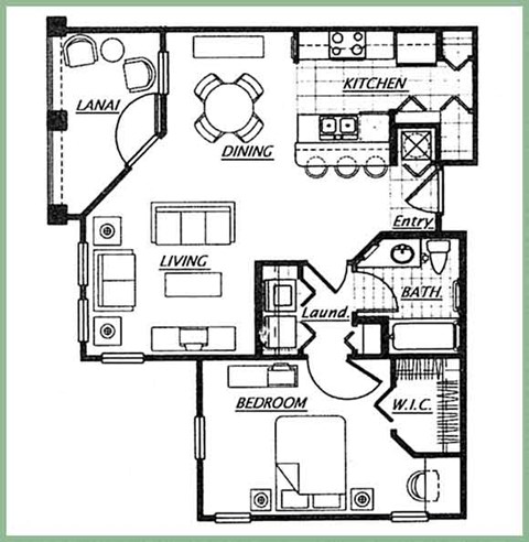 Floor plan for 1 bed, 1 bath, 897 sqft