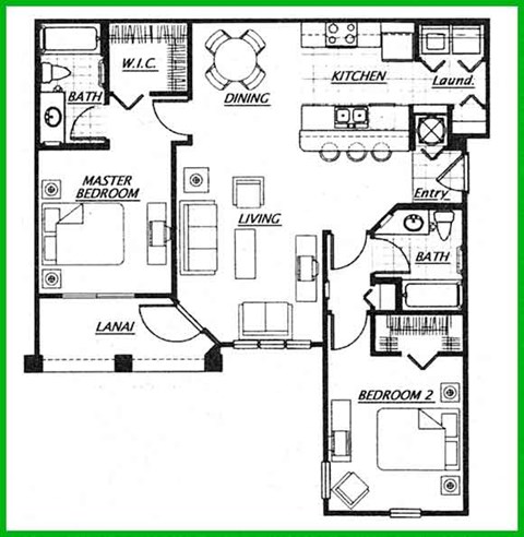 Floor plan for 2 beds, 2 baths, 1152 sqft