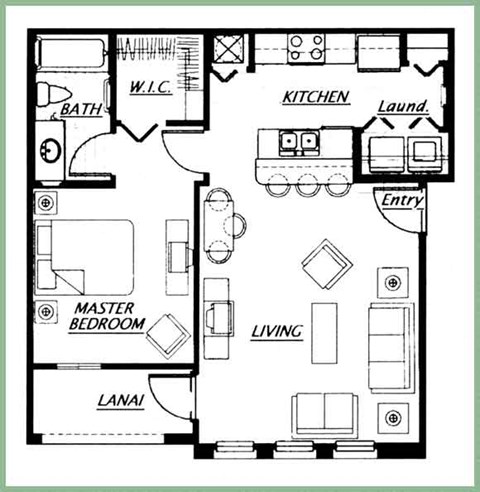Floor plan for 1 bed, 1 bath, 768 sqft