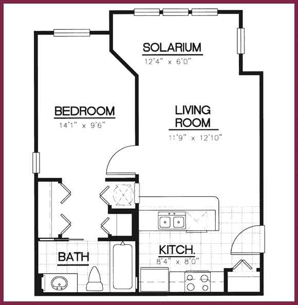 Floor plan for 1 bed, 1 bath, 600 sqft