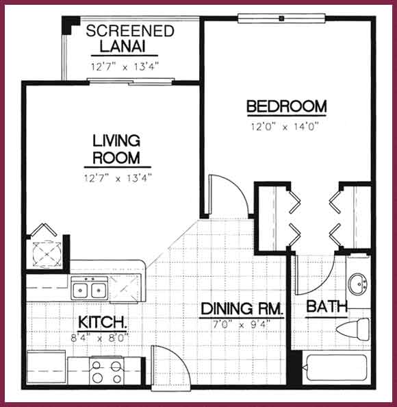 Floor plan for 1 bed, 1 bath, 684 sqft