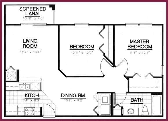 Floor plan for 2 beds, 1 bath, 947 sqft