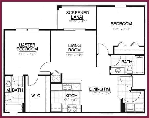 Floor plan for 2 beds, 2 baths, 1044 sqft
