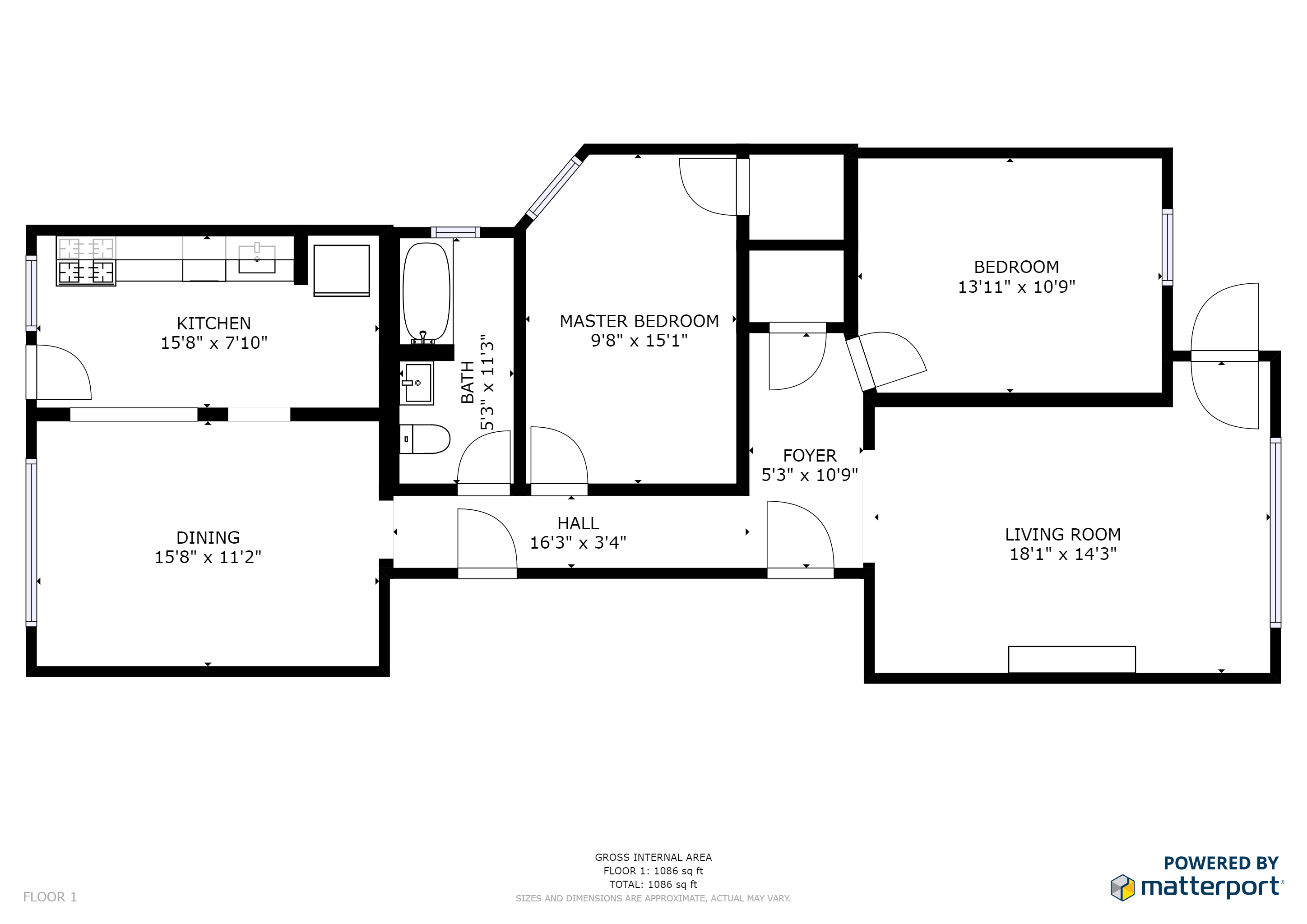 Floor plan for 2 beds, 1 bath