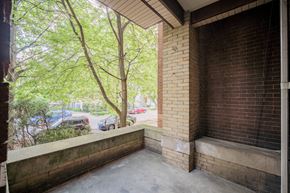 Chicago apartment for rent - the view from the front porch of a brick apartment building with trees and a street
