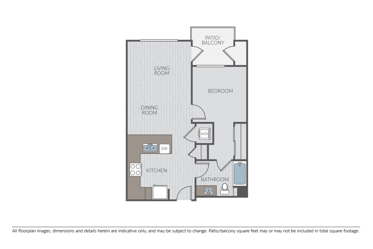 Floor plan for 1 bed, 1 bath, 688 sqft