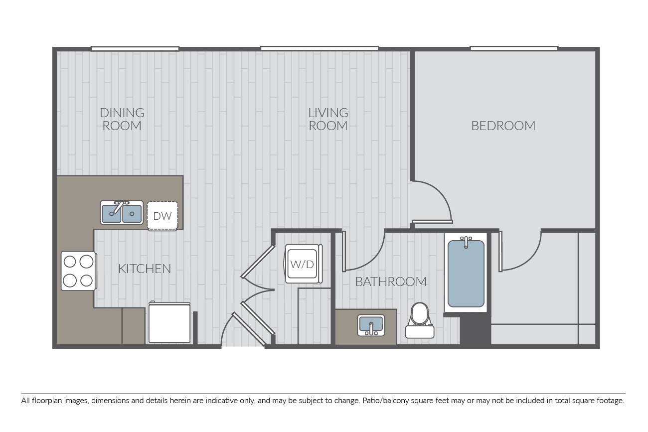 Floor plan for 1 bed, 1 bath, 728 sqft