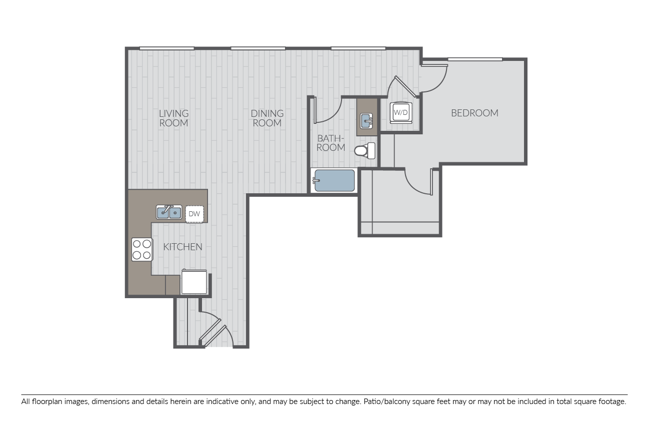 Floor plan for 1 bed, 1 bath, 948 sqft