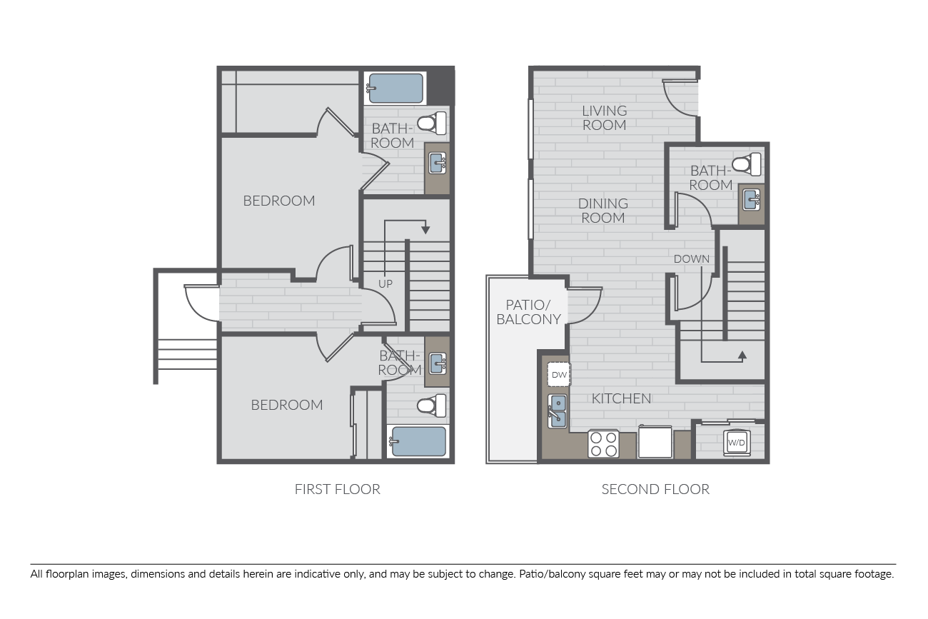 Floor plan for 2 beds, 2.5 baths, 1240 sqft