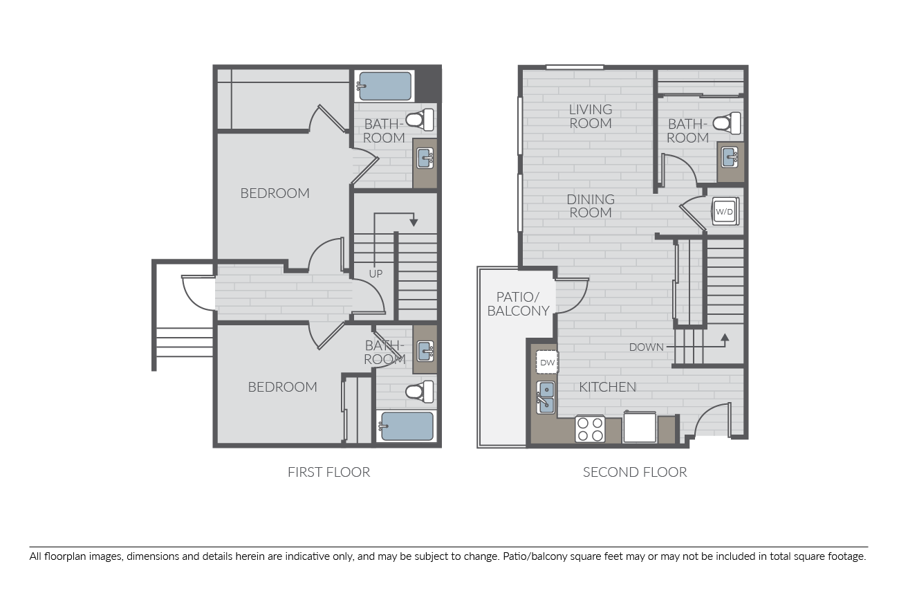 Floor plan for 2 beds, 2.5 baths, 1240 sqft