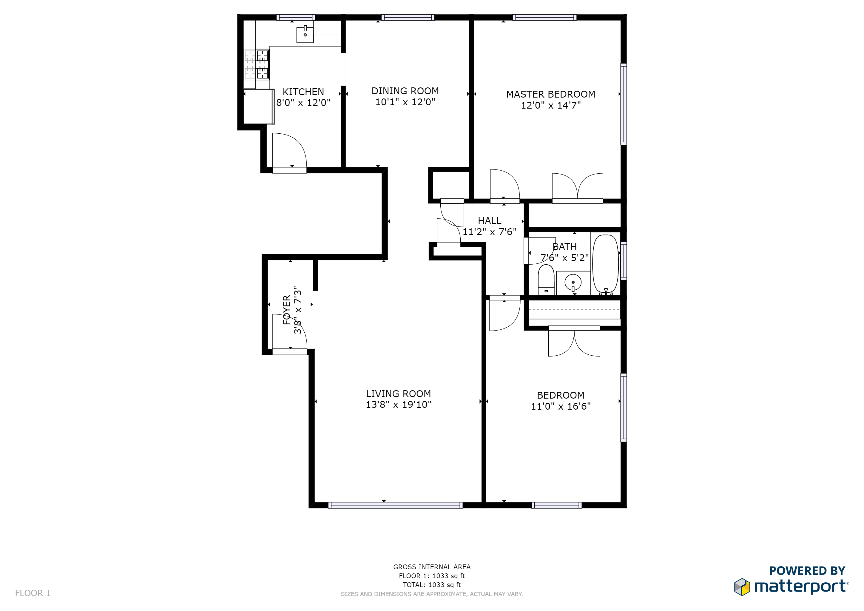 Floor plan for 2 beds, 1 bath, 1000 sqft