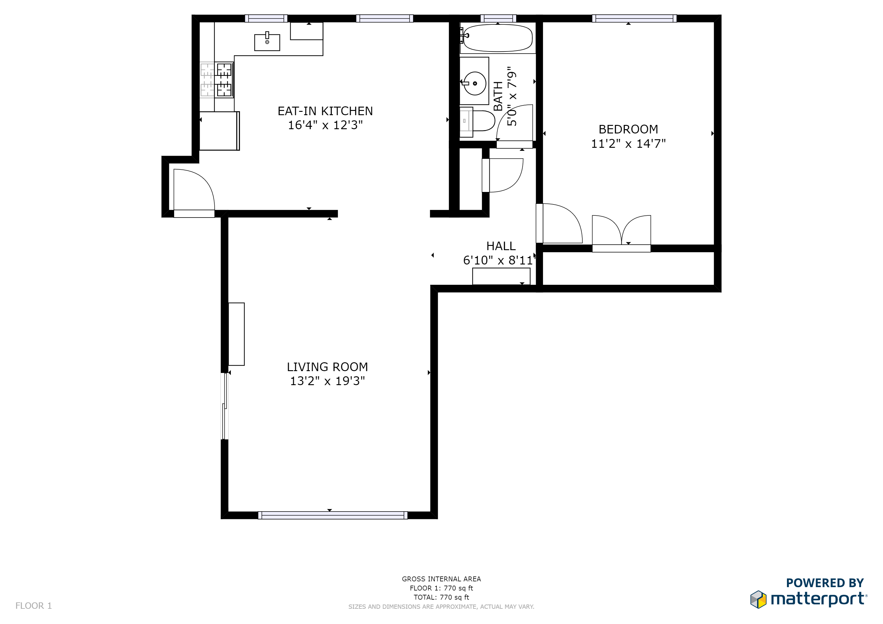 Floor plan for 1 bed, 1 bath, 800 sqft