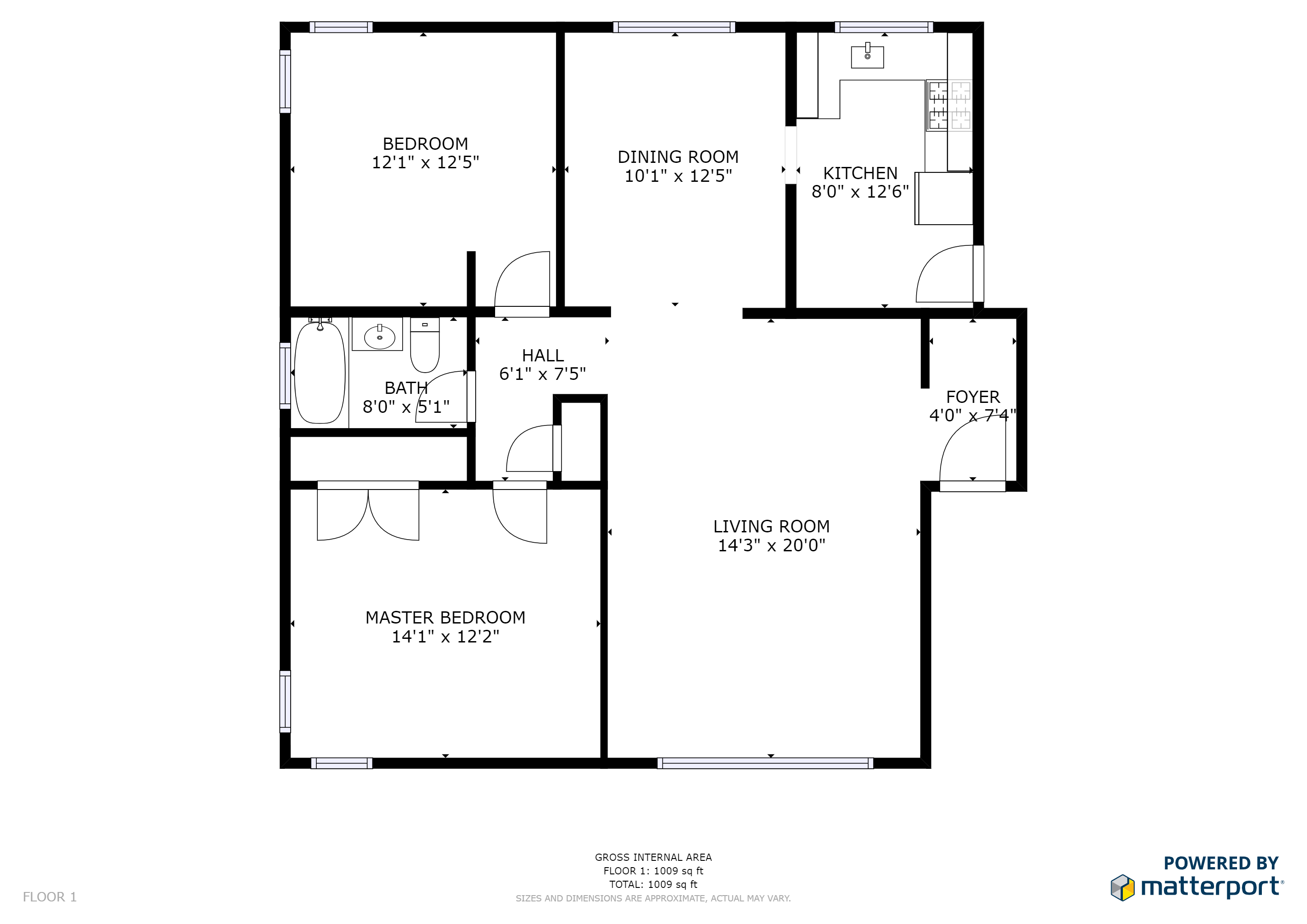 Floor plan for 2 beds, 1 bath, 1000 sqft