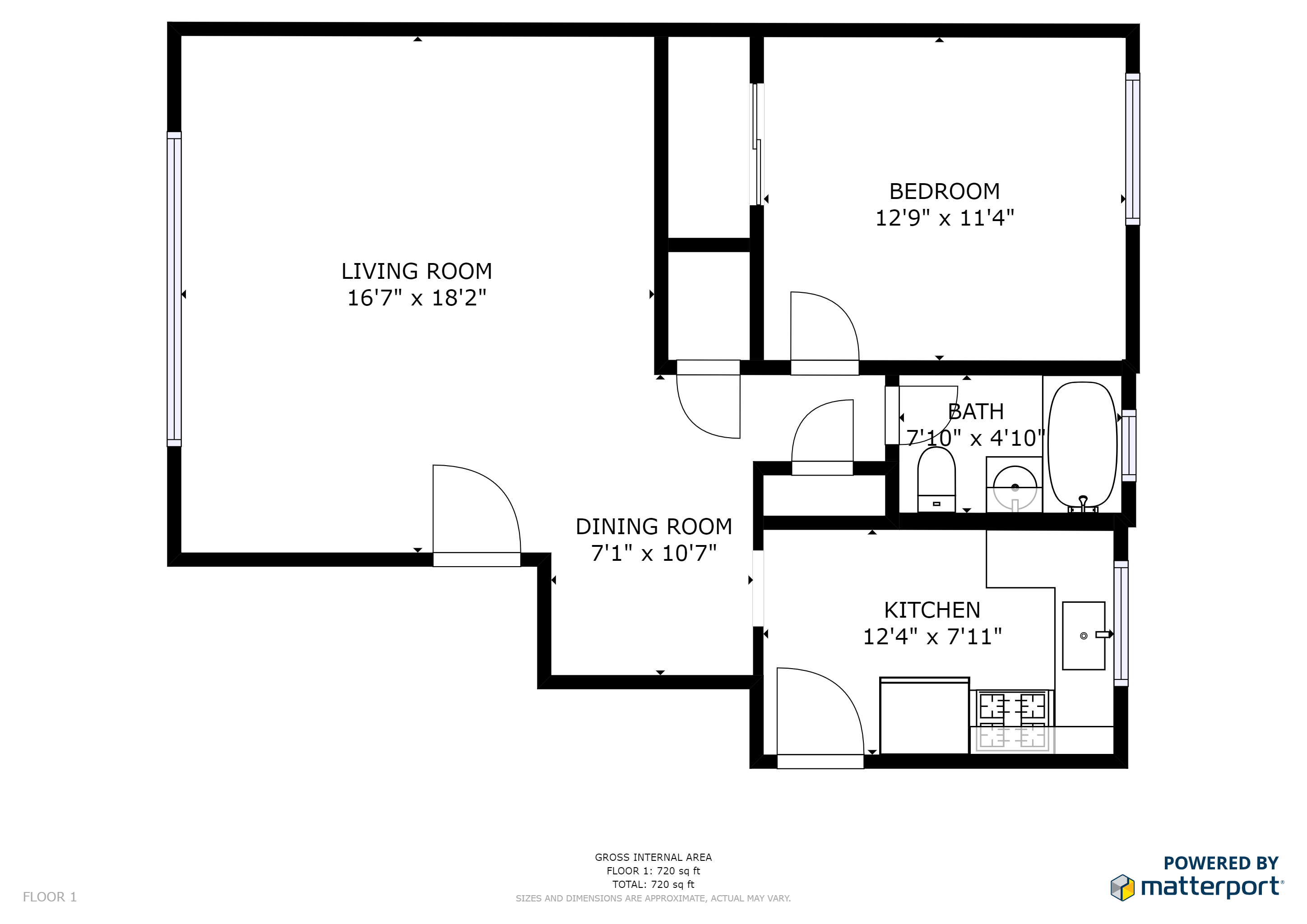 Floor plan for 1 bed, 1 bath, 700 sqft