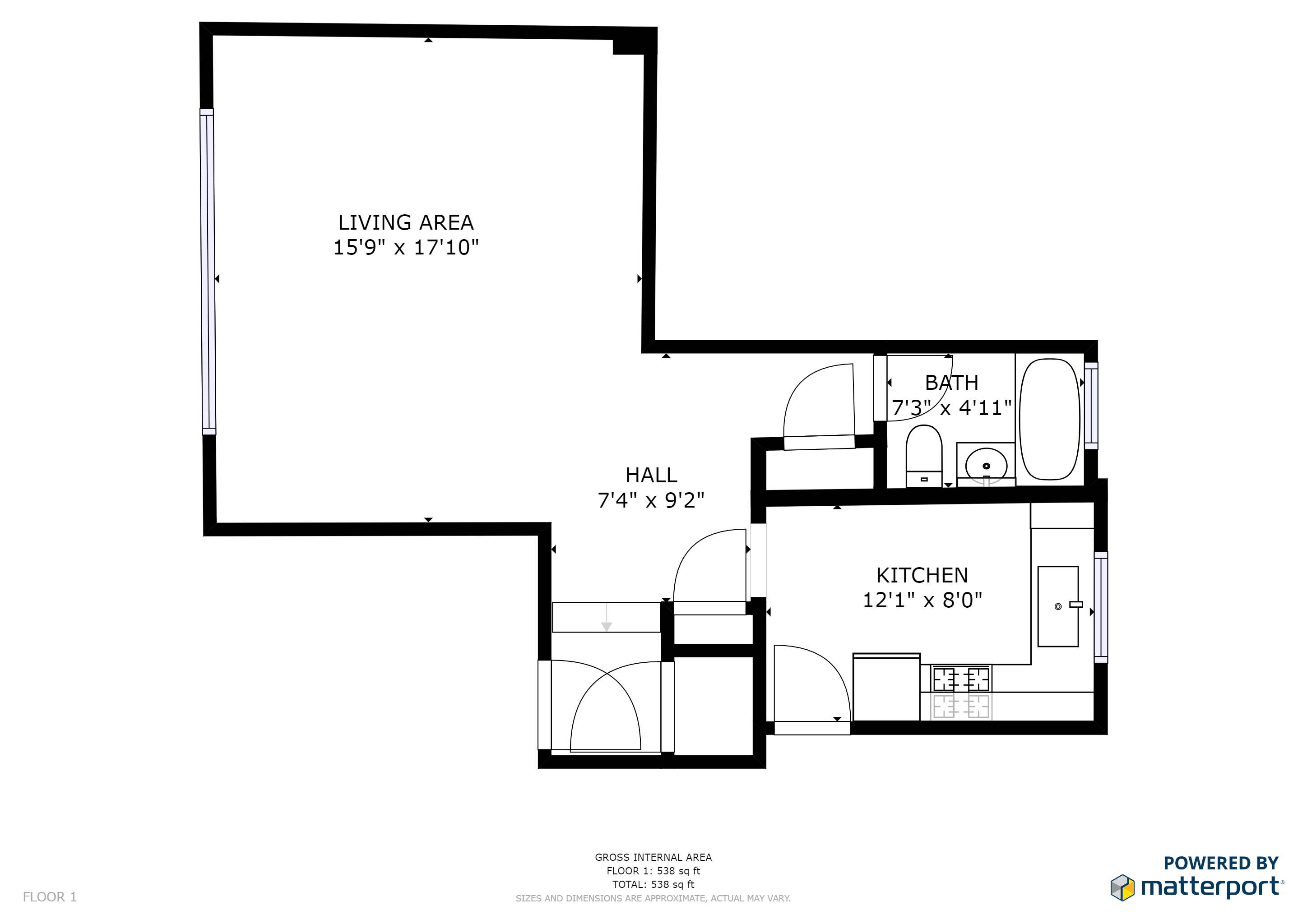 Floor plan for studio, 1 bath, 500 sqft