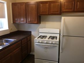 Skokie apartment for rent - an empty kitchen with a stove and refrigerator
