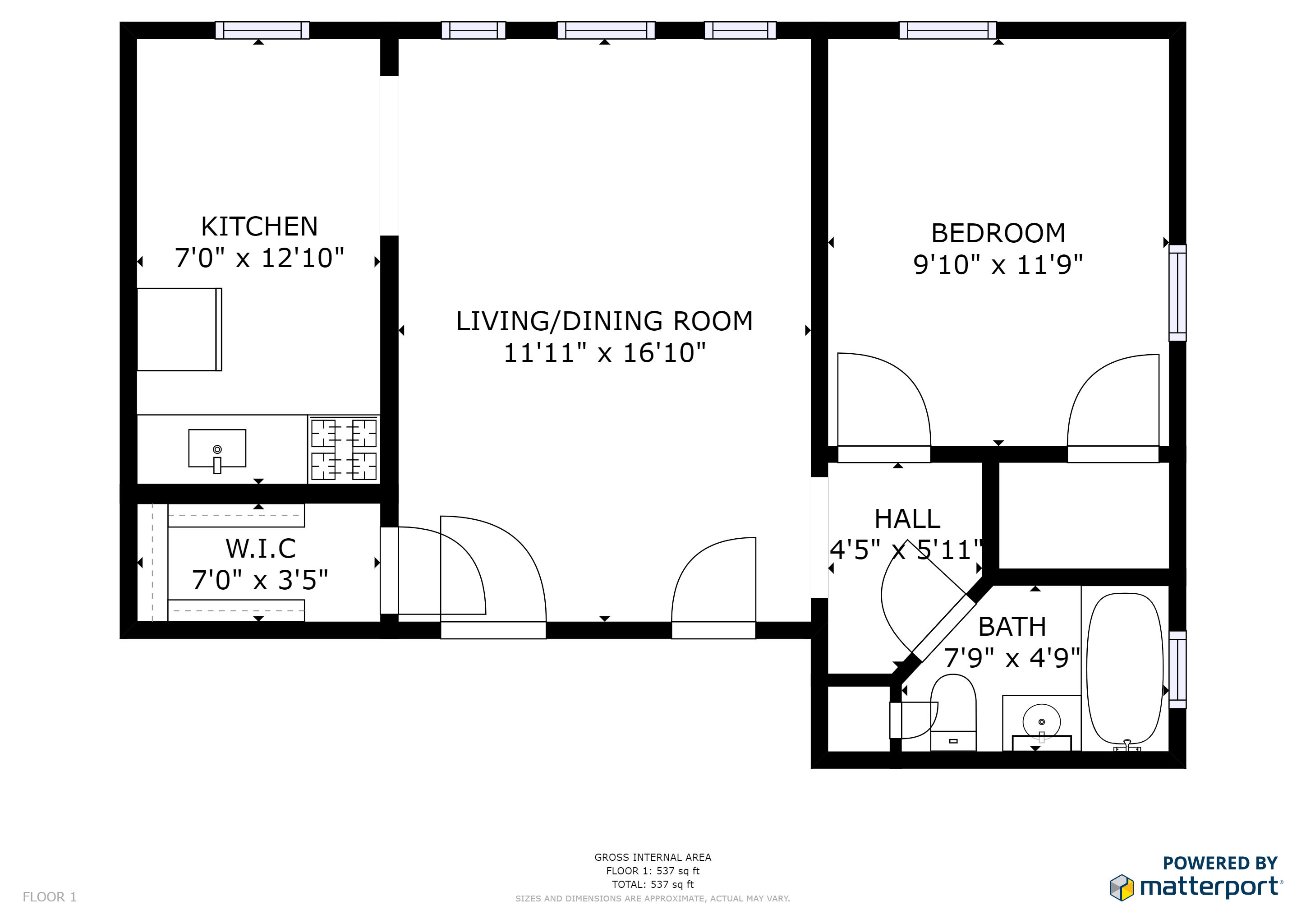 Floor plan for 1 bed, 1 bath, 700 sqft