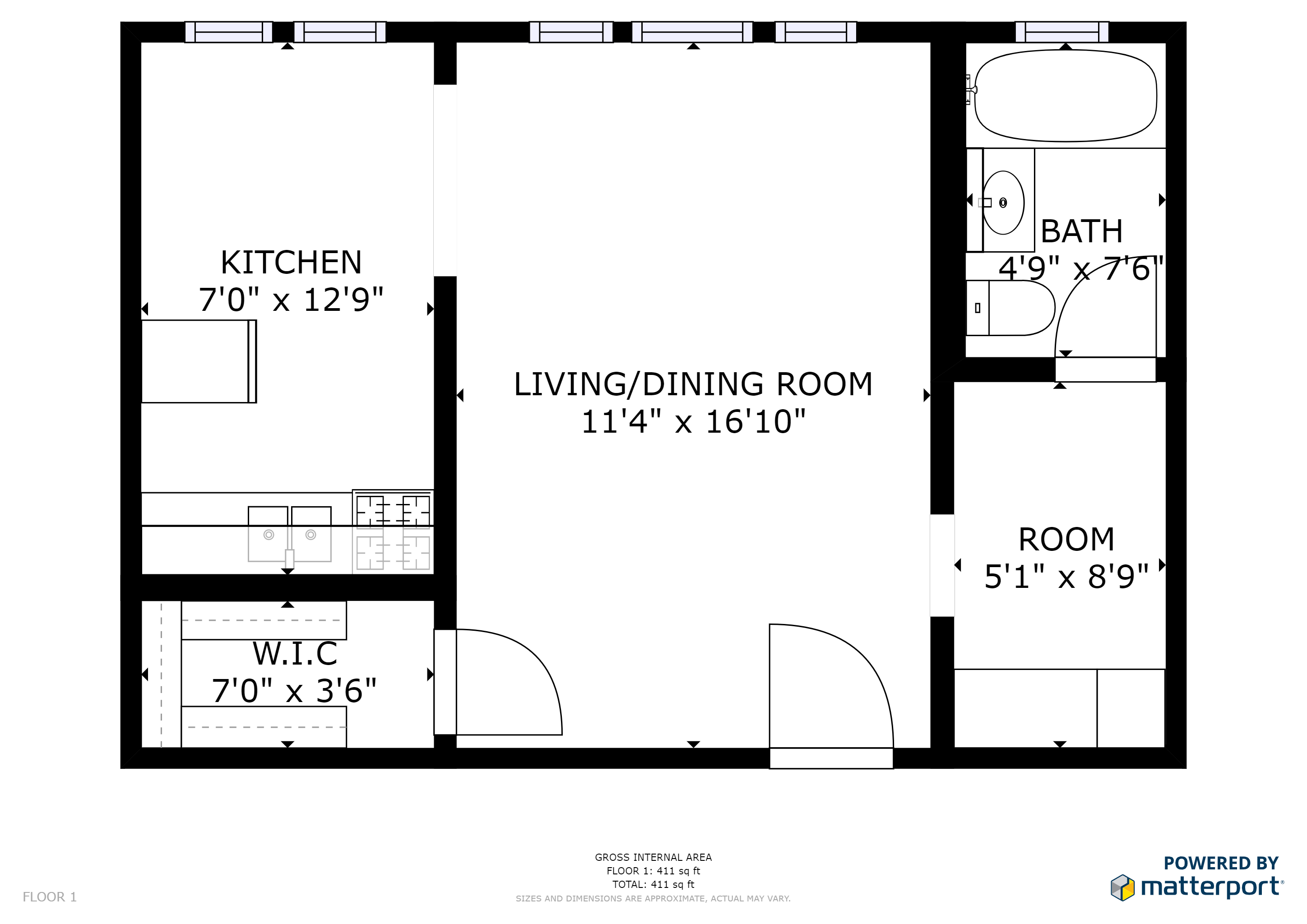 Floor plan for studio, 1 bath, 500 sqft