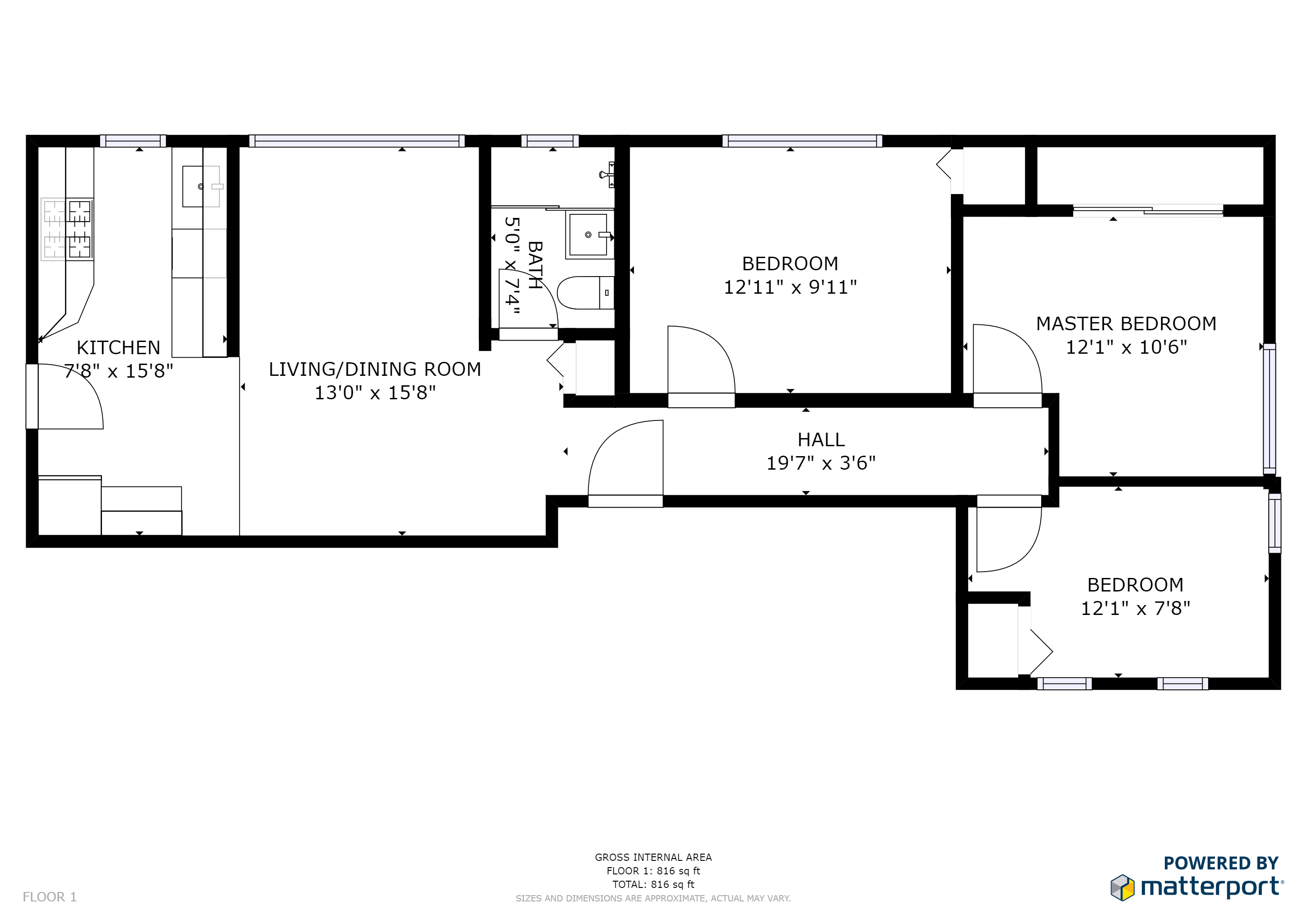 Floor plan for 3 beds, 1 bath