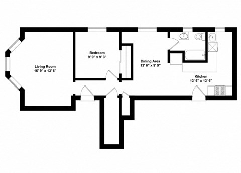 Floor plan for 1 bed, 1 bath, 688 sqft