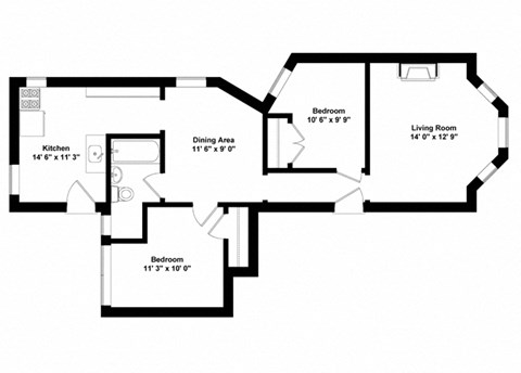 Floor plan for 2 beds, 1 bath, 707 sqft