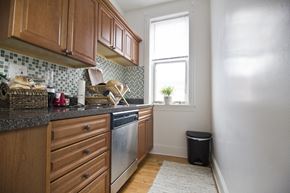 Chicago apartment for rent - a kitchen with wooden cabinets and a stainless steel dishwasher