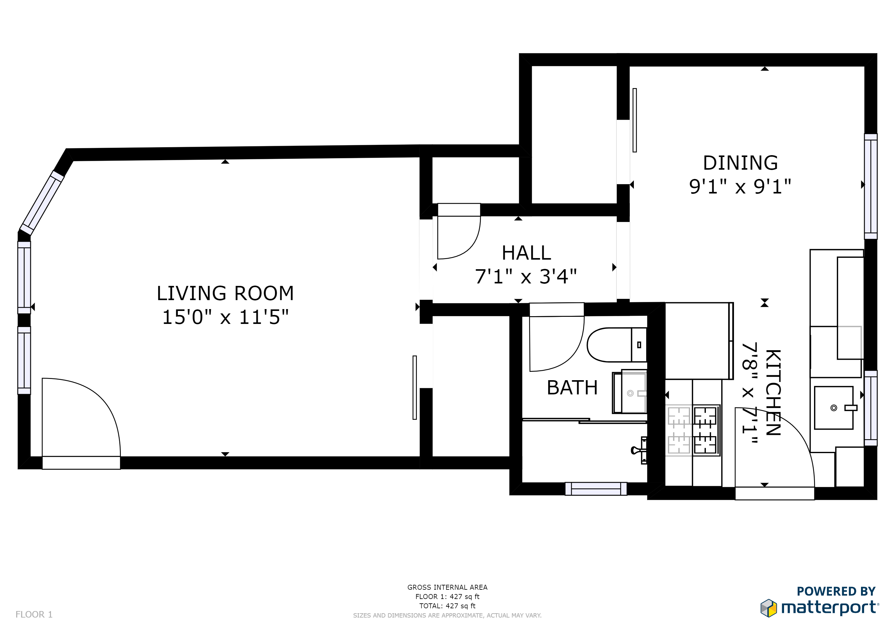 Floor plan for studio, 1 bath, 427 sqft