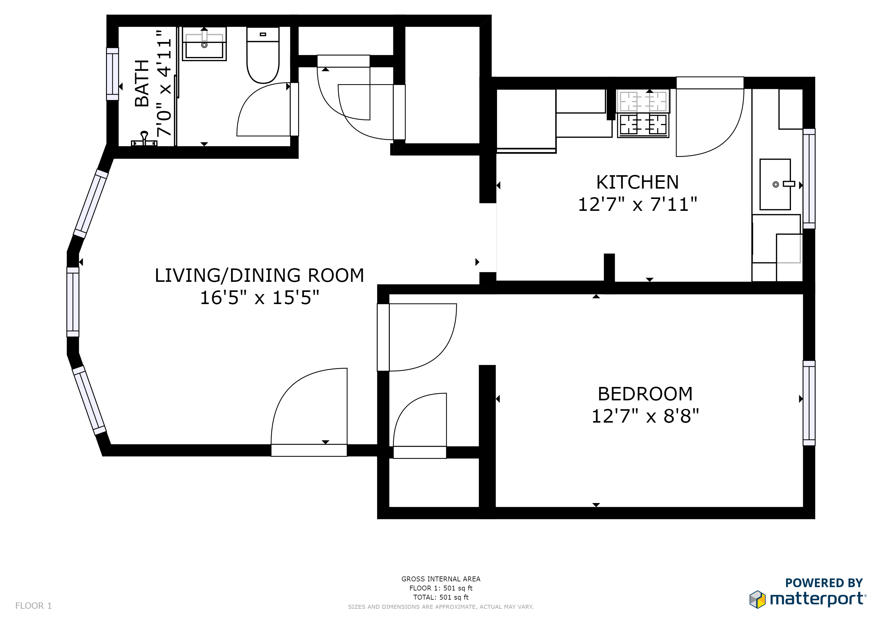 Floor plan for 1 bed, 1 bath, 692 sqft