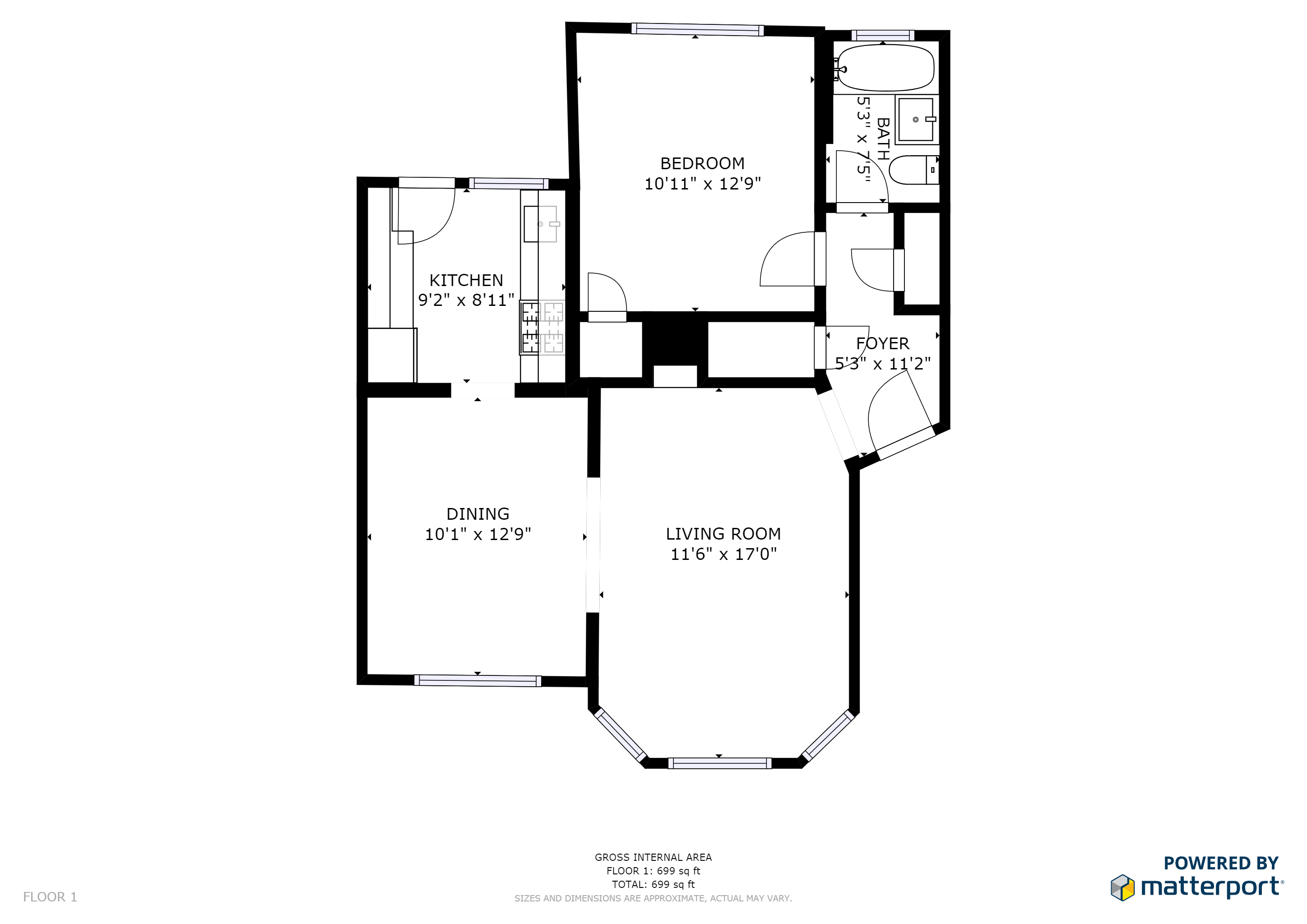 Floor plan for 1 bed, 1 bath, 623 sqft