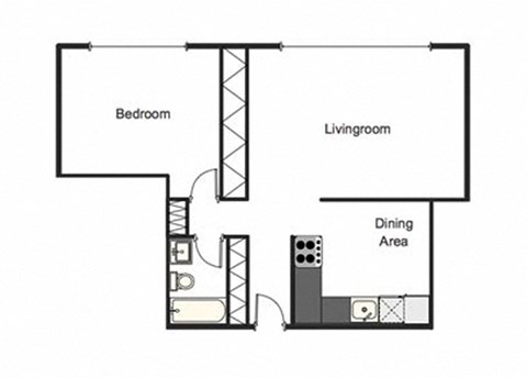 Floor plan for 1 bed, 1 bath, 1000 sqft