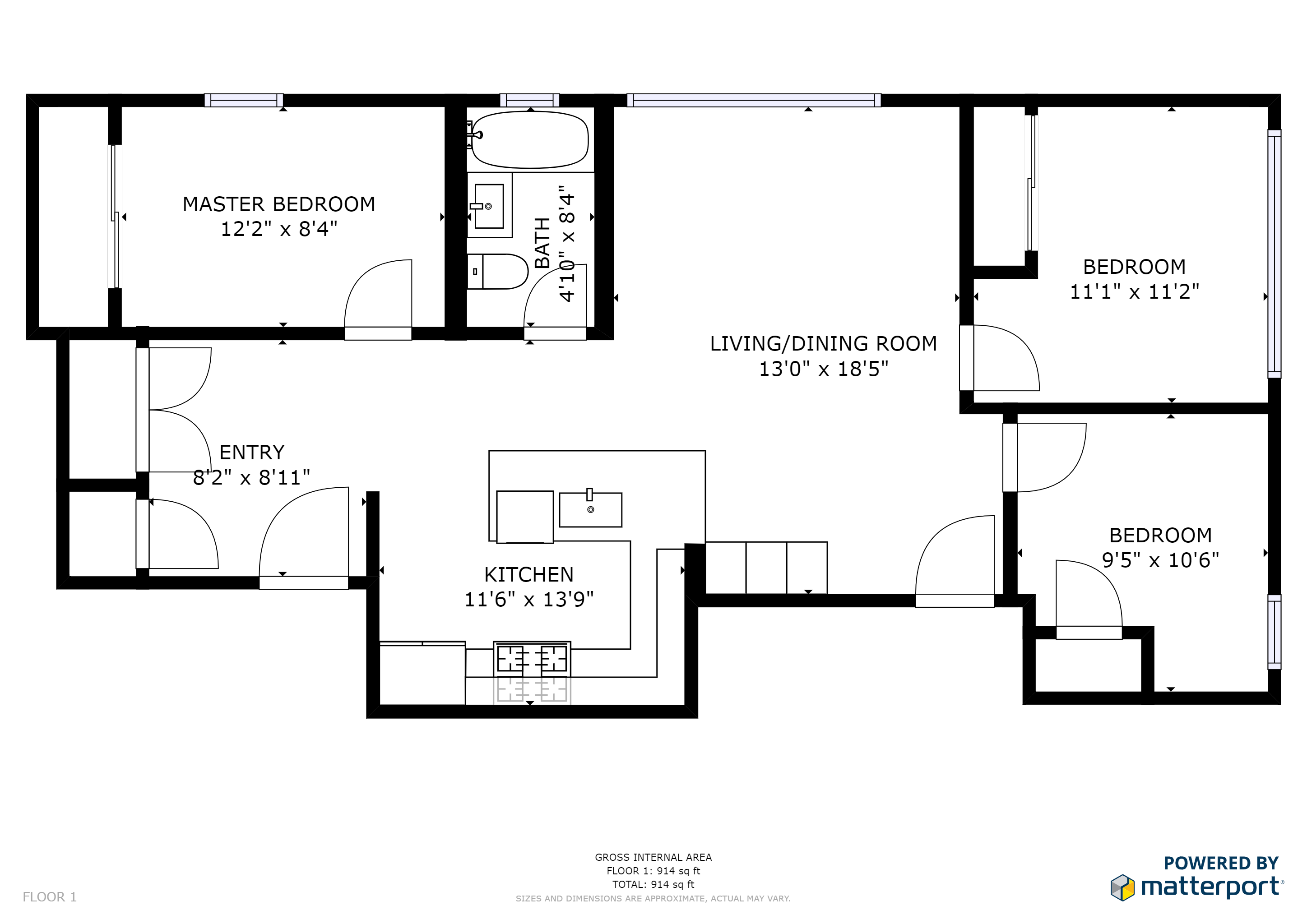 Floor plan for 3 beds, 1 bath, 770 sqft