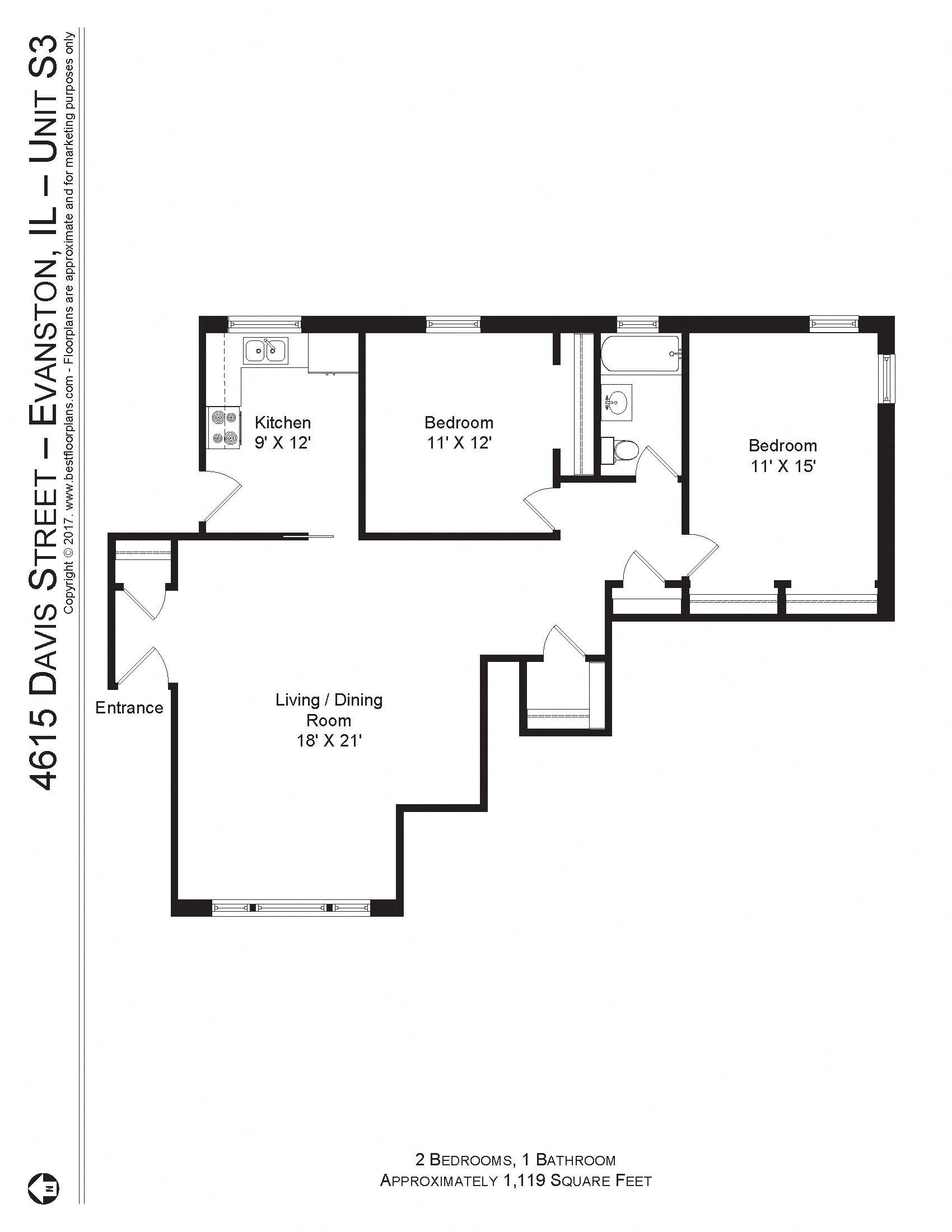 Floor plan for 2 beds, 1 bath, 1119 sqft