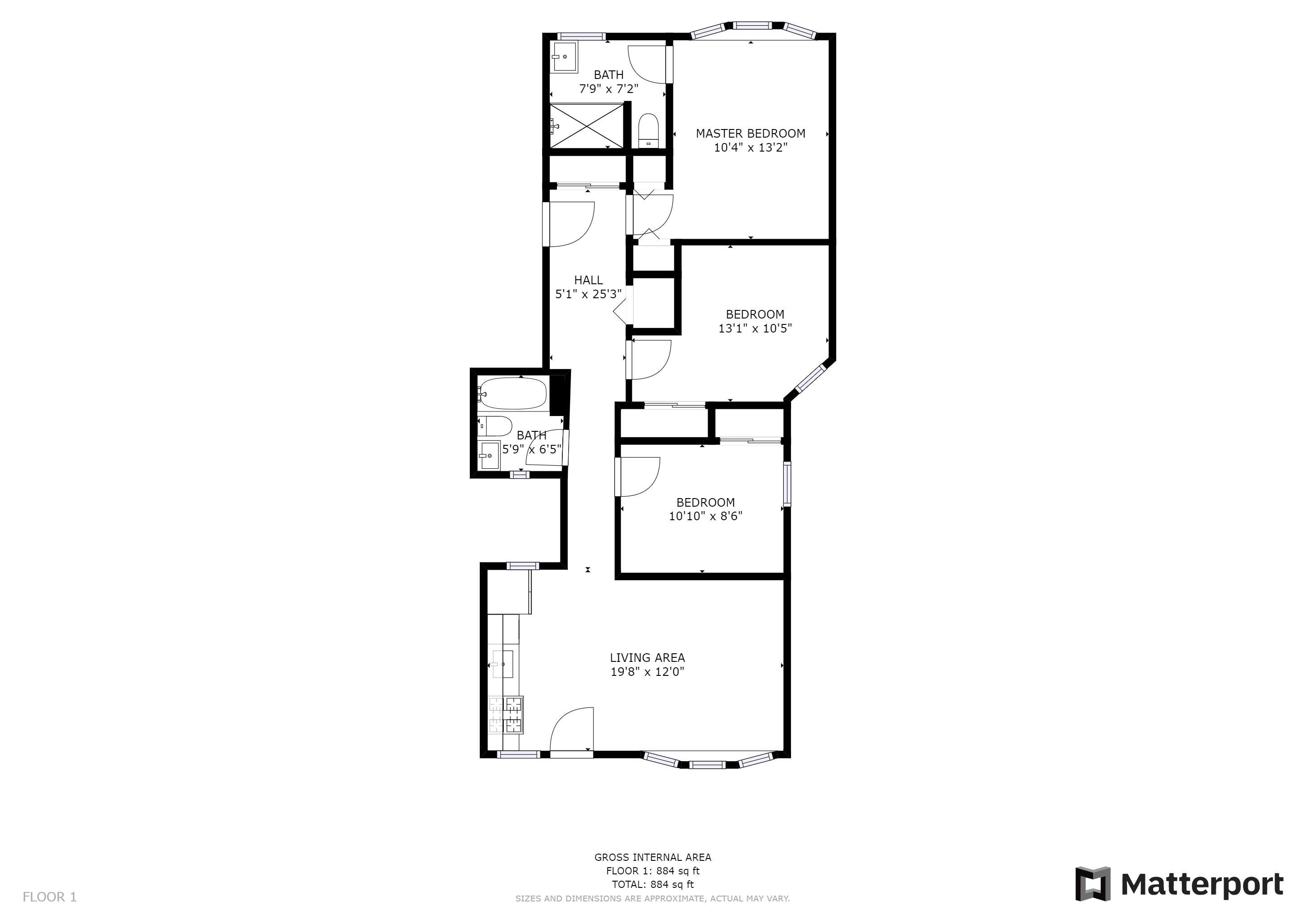 Floor plan for 3 beds, 2 baths, 825 sqft